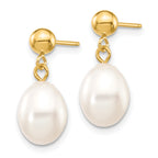 14k 7-8mm White Rice Freshwater Cultured Pearl Dangle Post Earrings