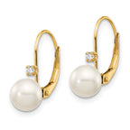 14K 6-7mm Round White FWC Pearl .06ct. Diamond Leverback Earrings