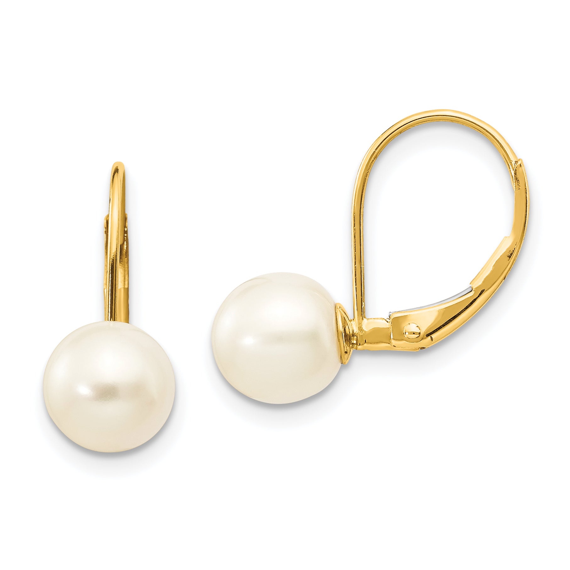 14K 7-8mm White Round Freshwater Cultured Pearl Leverback Earrings Main image