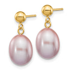 14k 8-9mm Purple Rice Freshwater Cultured Pearl Dangle Post Earrings