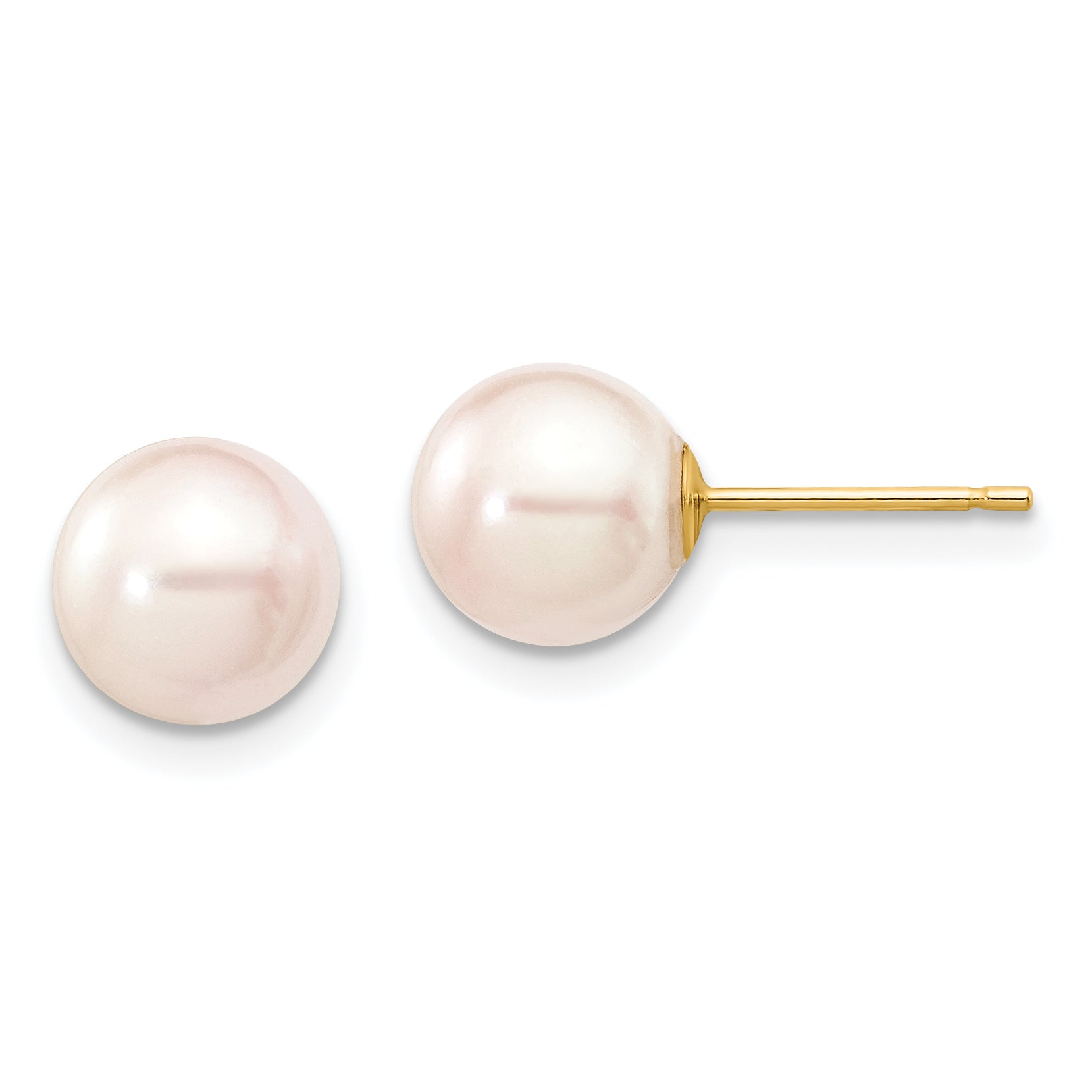14k 7-8mm Round White Saltwater Akoya Cultured Pearl Stud Post Earrings Main image