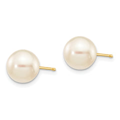 14k 8-9mm Round White Saltwater Akoya Cultured Pearl Stud Post Earrings