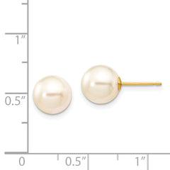 14k 8-9mm Round White Saltwater Akoya Cultured Pearl Stud Post Earrings