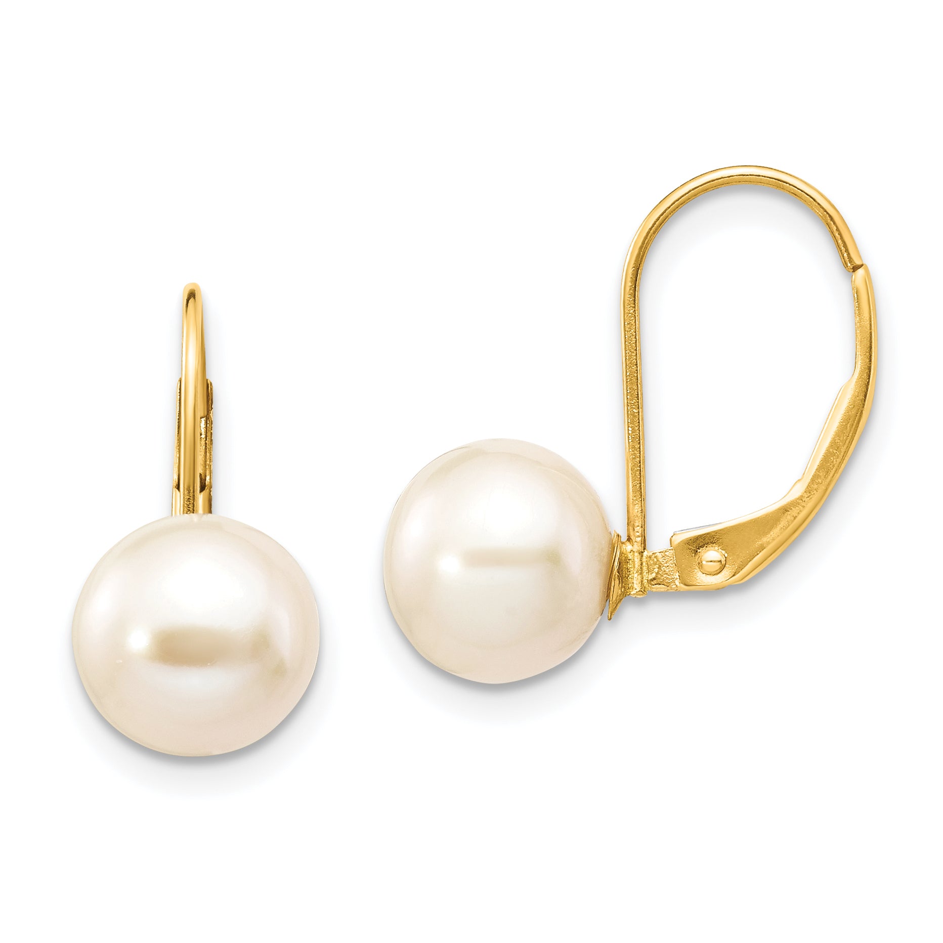 14K 8-9mm White Round Freshwater Cultured Pearl Leverback Earrings Main image