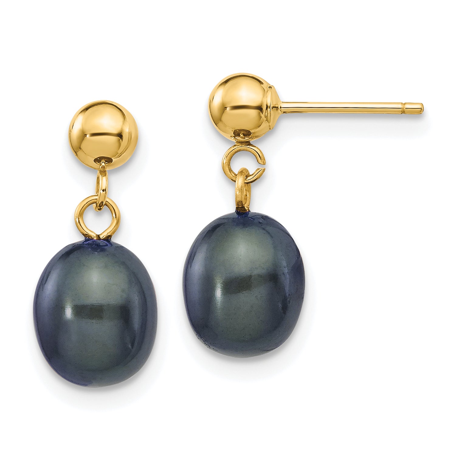 14k 7-8mm Black Rice Freshwater Cultured Pearl Dangle Post Earrings Main image