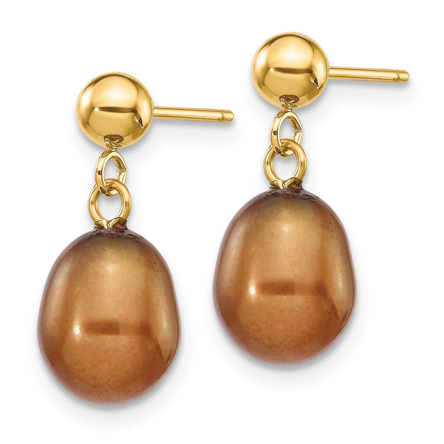 14k 7-8mm Brown Rice Freshwater Cultured Pearl Dangle Post Earrings Secondary image