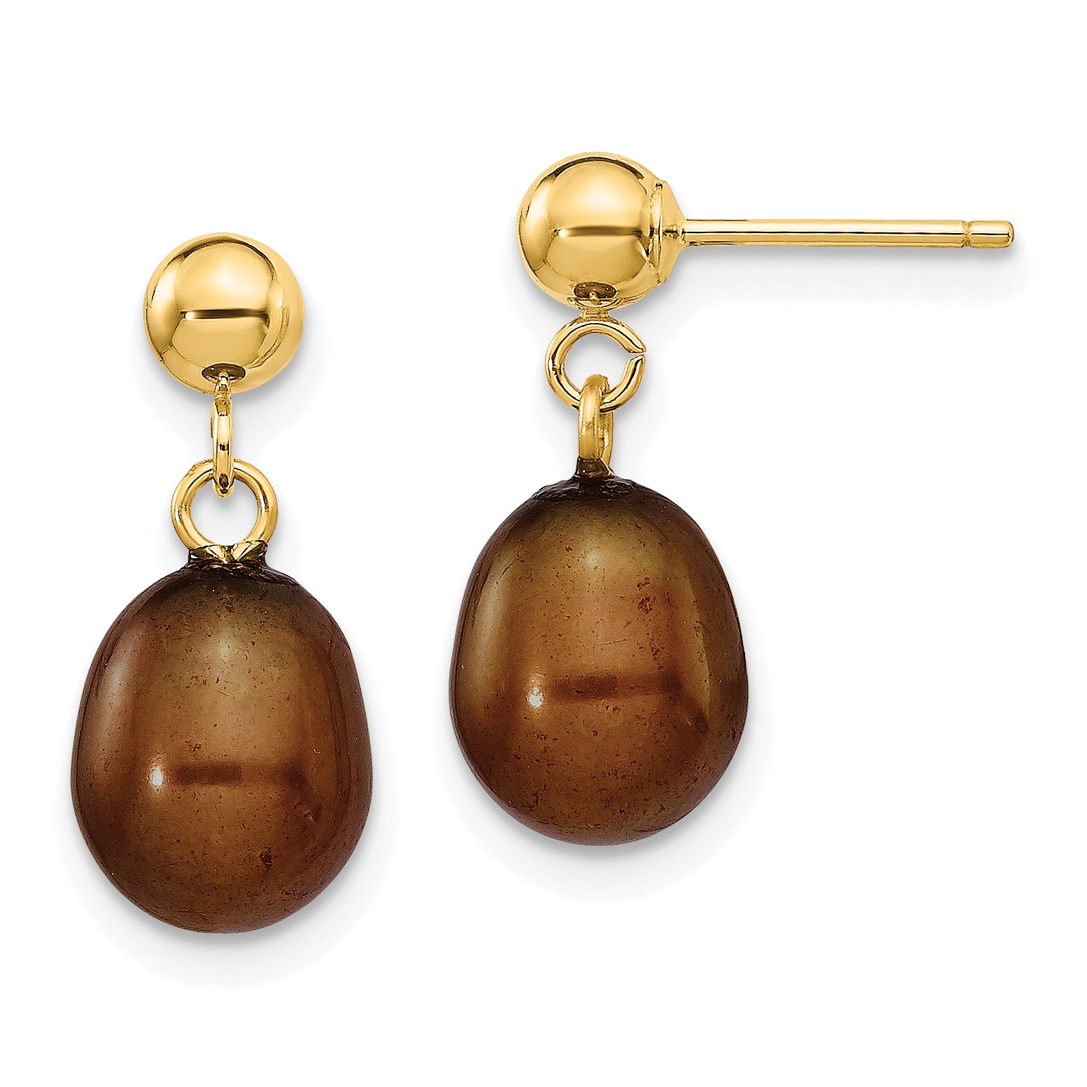 14k 7-8mm Brown Rice Freshwater Cultured Pearl Dangle Post Earrings Main image