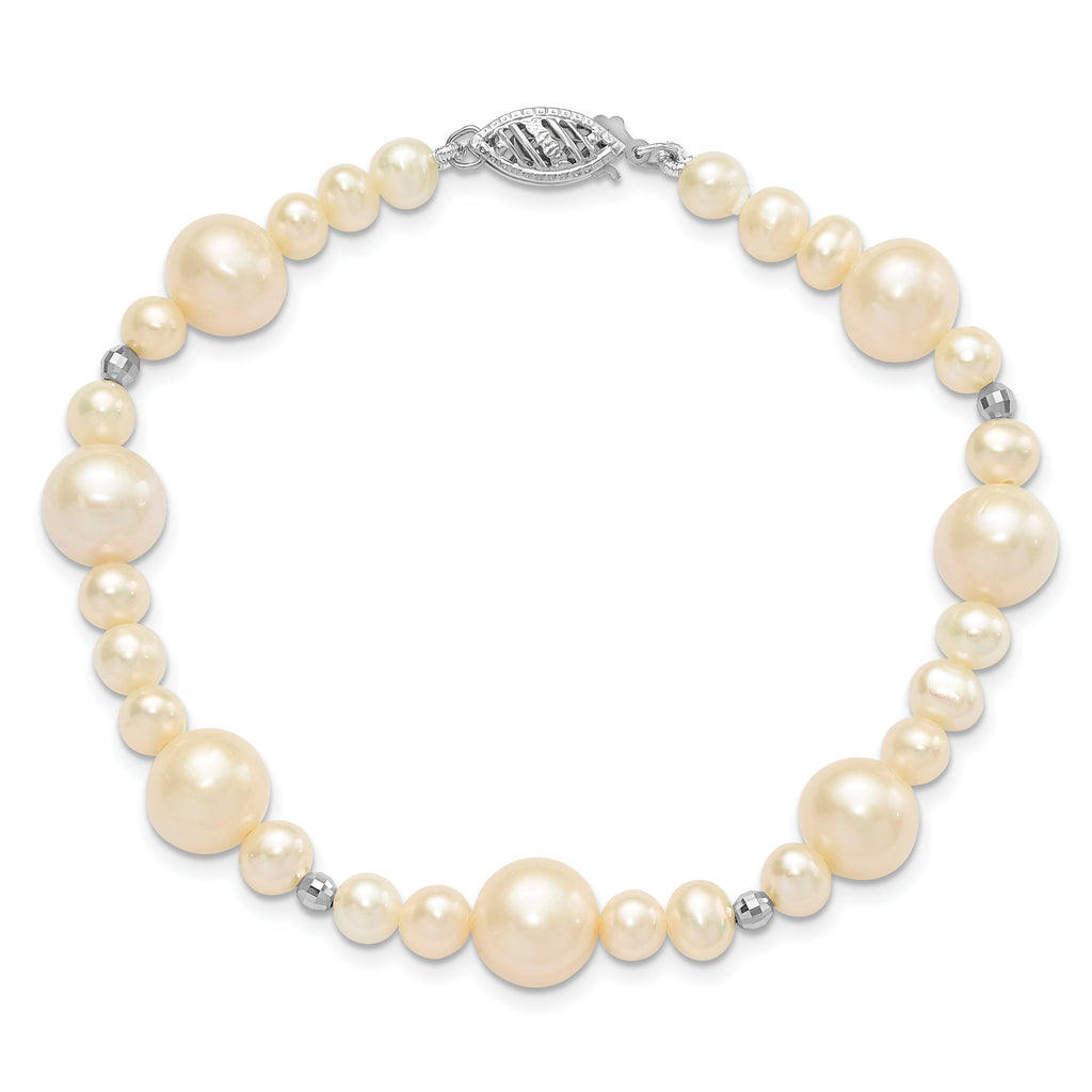 14K WG 5-9mm White Near Round Freshwater Cultured Pearl Bead Bracelet