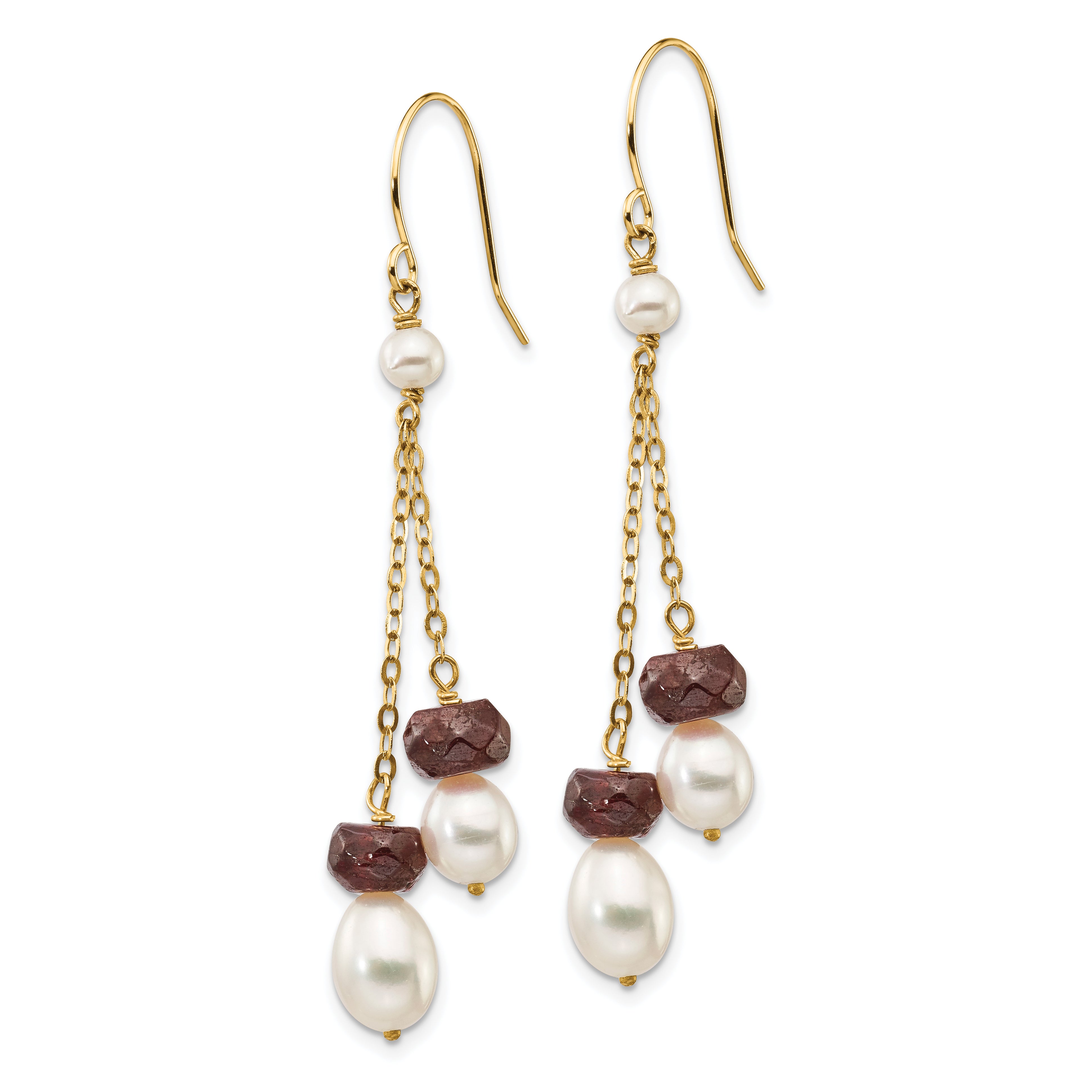 14K White Freshwater Cultured Pearl Garnet Double Chain Dangle Earrings Secondary image