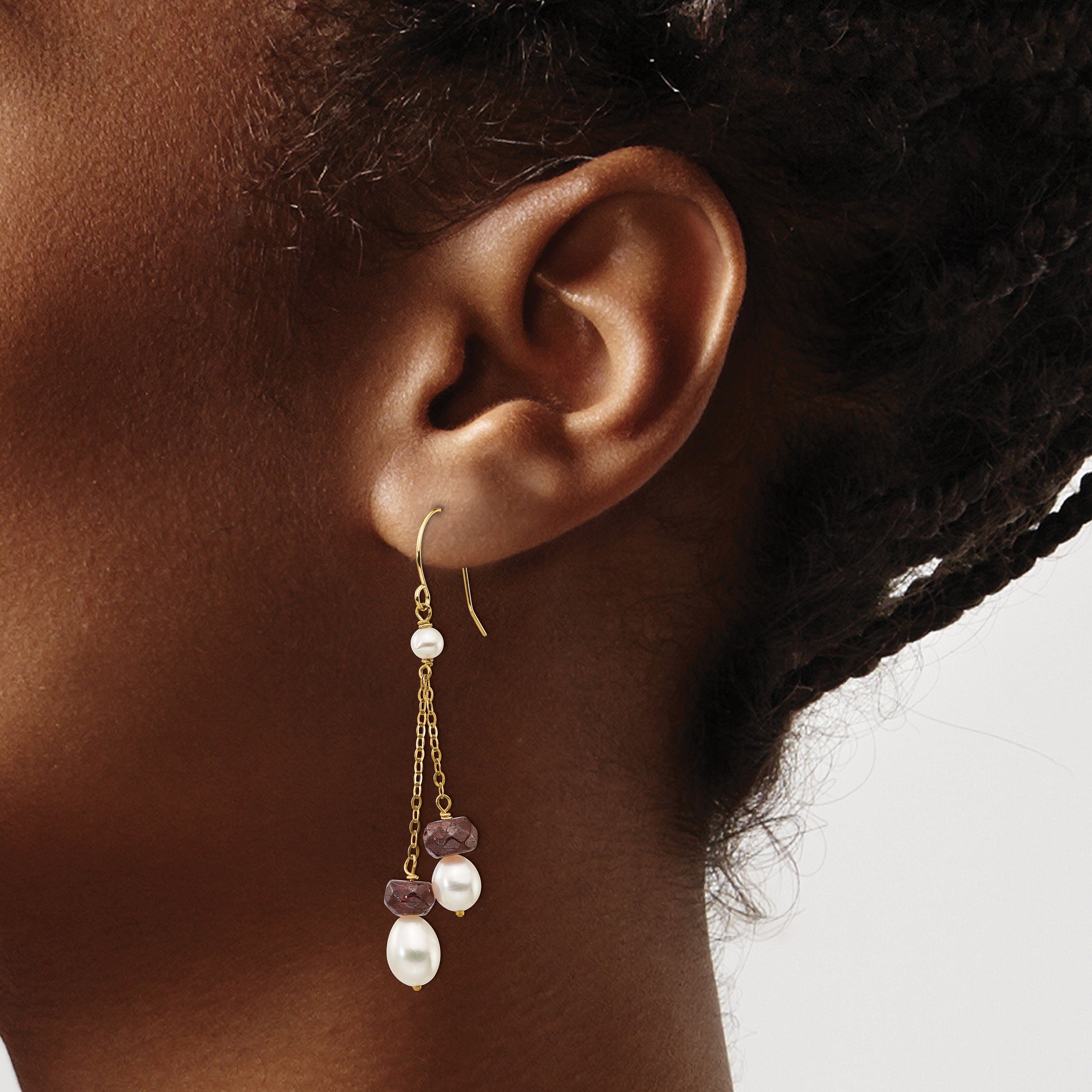 14K White Freshwater Cultured Pearl Garnet Double Chain Dangle Earrings