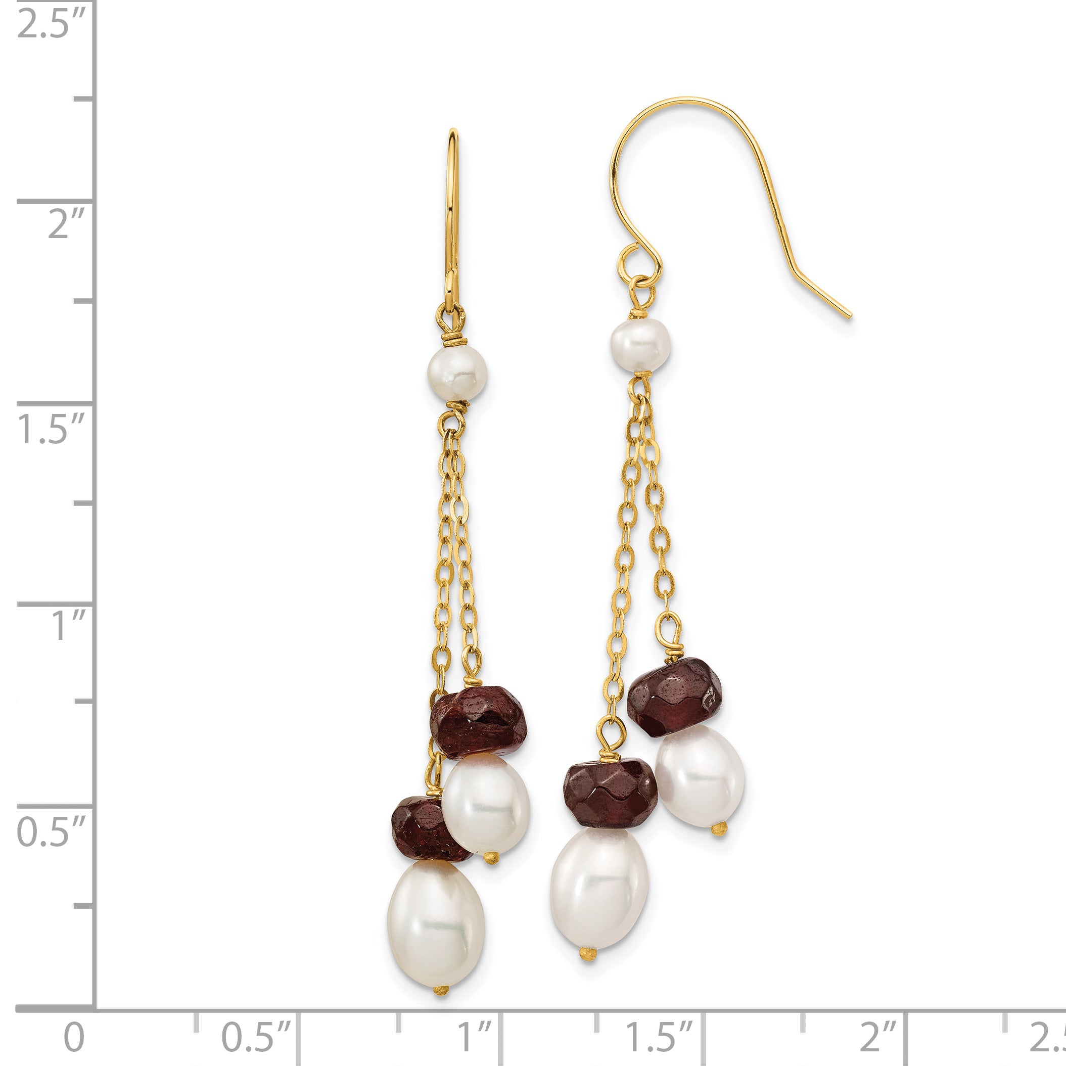 14K White Freshwater Cultured Pearl Garnet Double Chain Dangle Earrings