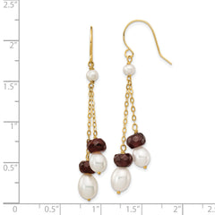 14K White Freshwater Cultured Pearl Garnet Double Chain Dangle Earrings