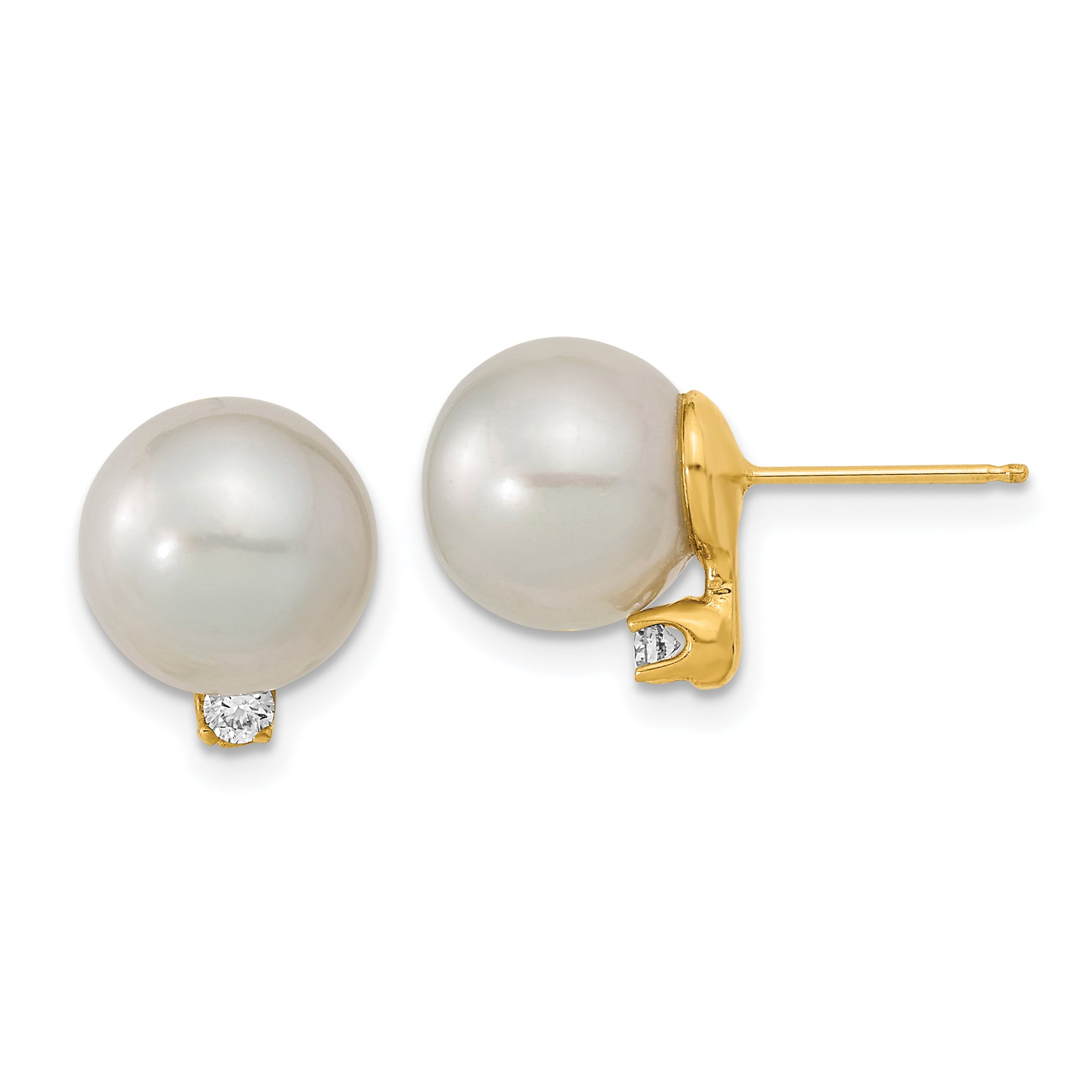 14k 9-10mm White Saltwater Cultured South Sea Pearl .10ct Dia Earrings Main image
