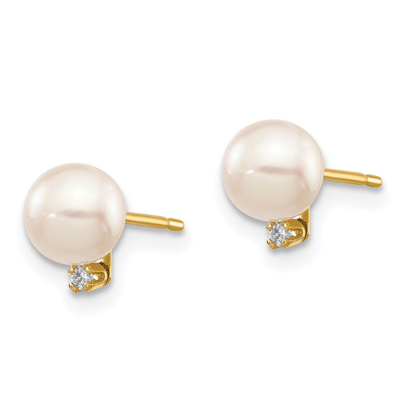 14k 5-6mm White Round Saltwater Akoya Cultured Pearl Diamond Post Earrings Secondary image