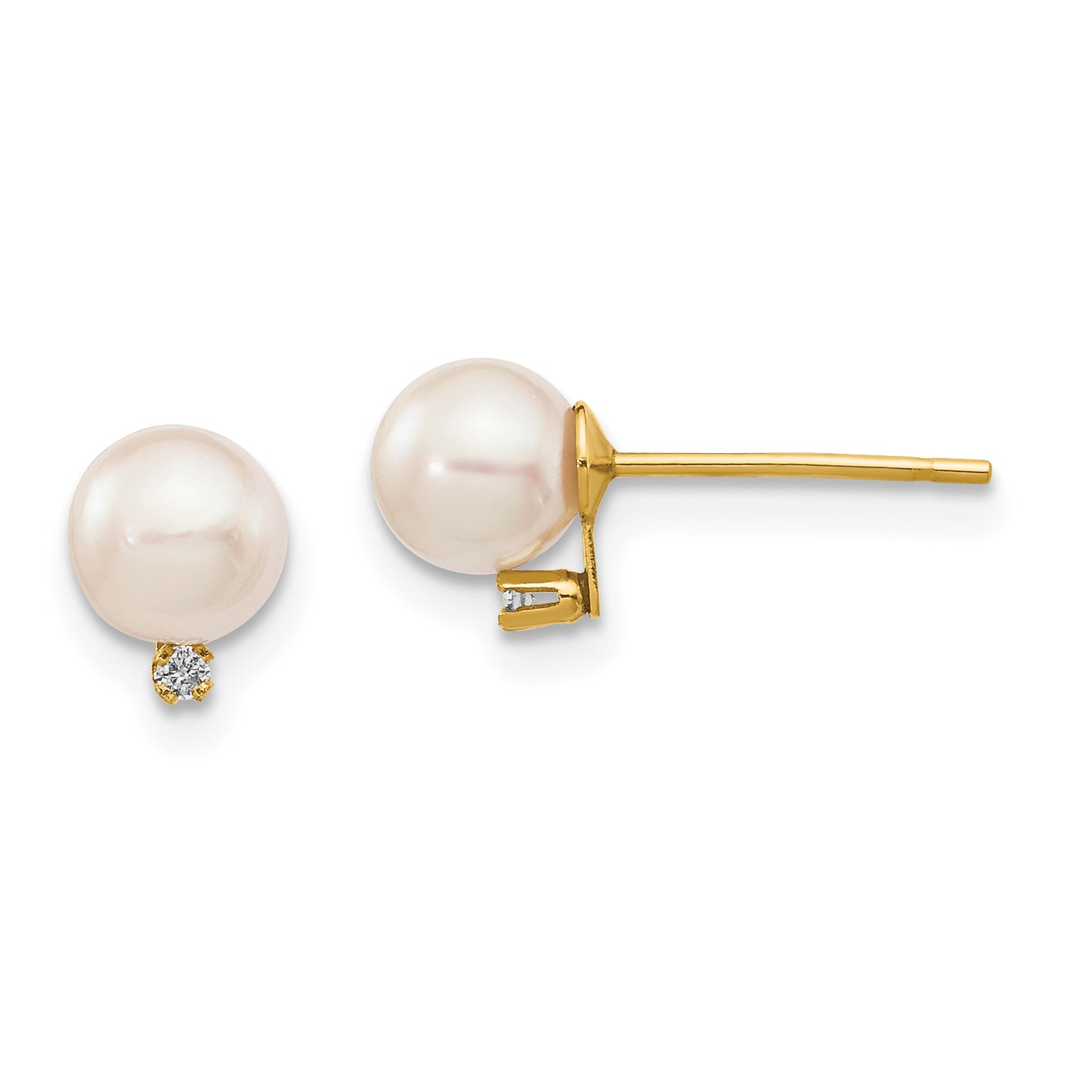 14k 5-6mm White Round Saltwater Akoya Cultured Pearl Diamond Post Earrings Main image