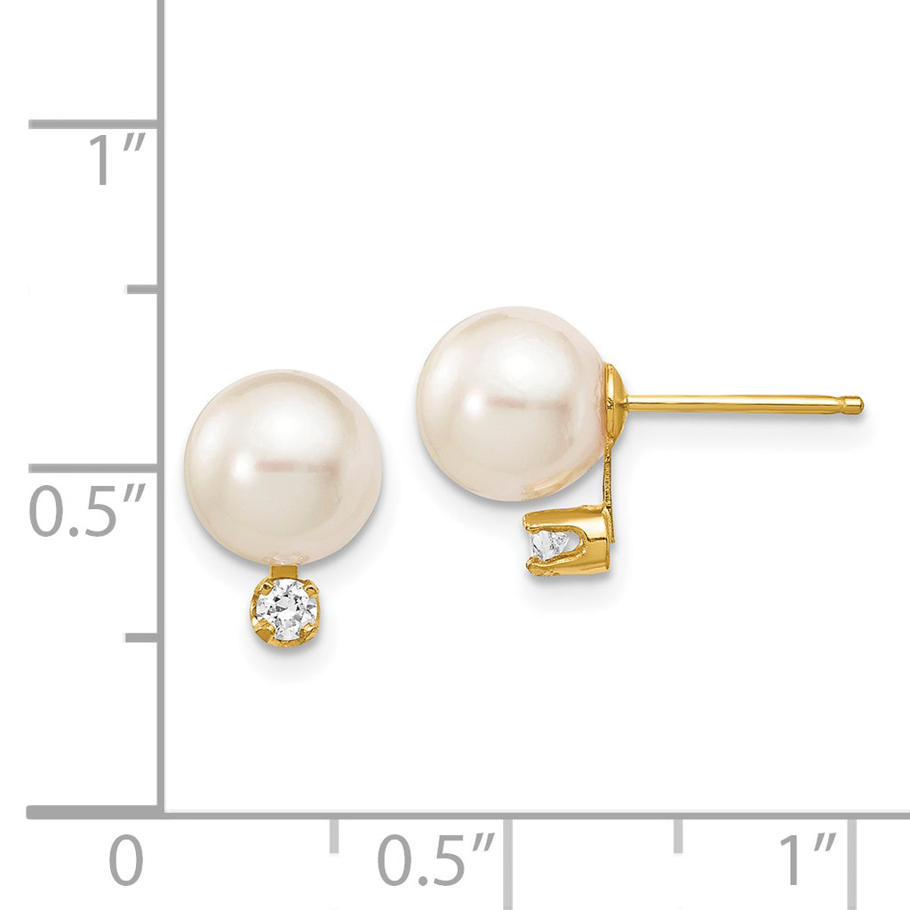 14k 7-8mm White Round Saltwater Akoya Cultured Pearl Diamond Post Earrings