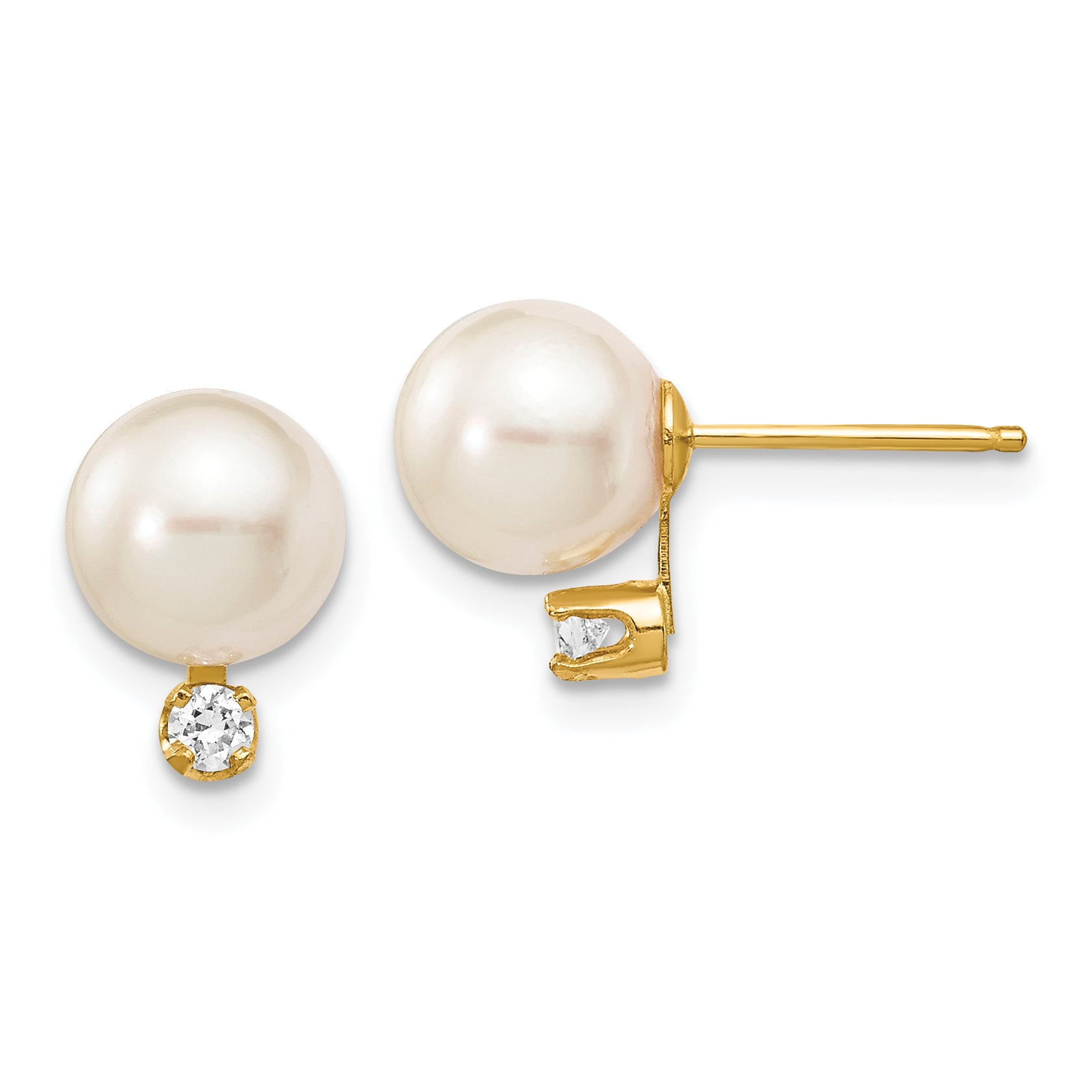 14k 7-8mm White Round Saltwater Akoya Cultured Pearl Diamond Post Earrings Main image