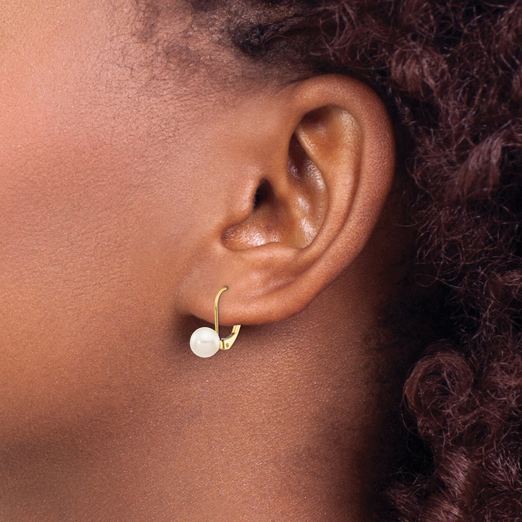 14k 6-7mm White Round Saltwater Akoya Cultured Pearl Leverback Earrings