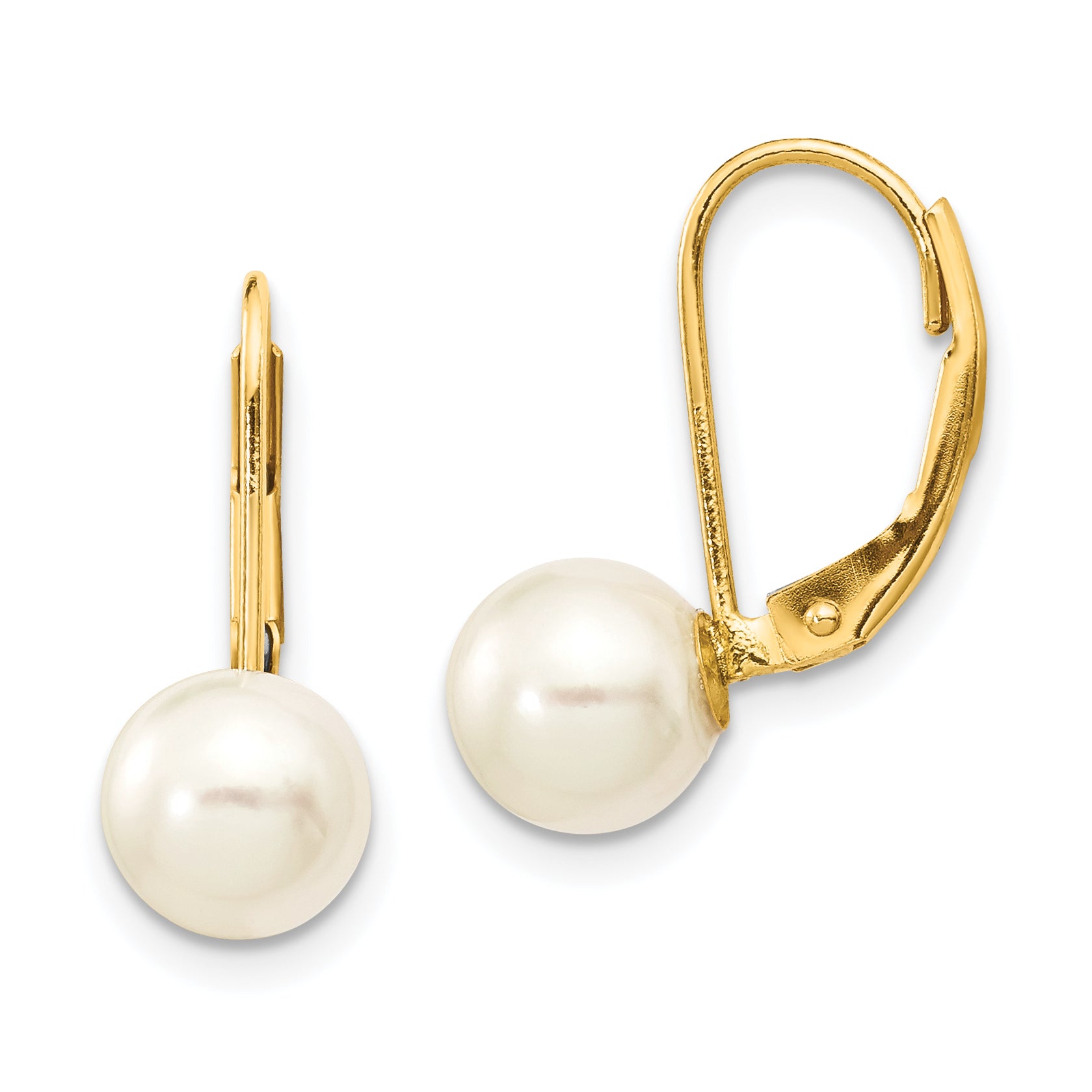 14k 7-8mm White Round Saltwater Akoya Cultured Pearl Leverback Earrings Main image