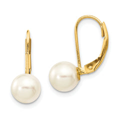 14k 7-8mm White Round Saltwater Akoya Cultured Pearl Leverback Earrings