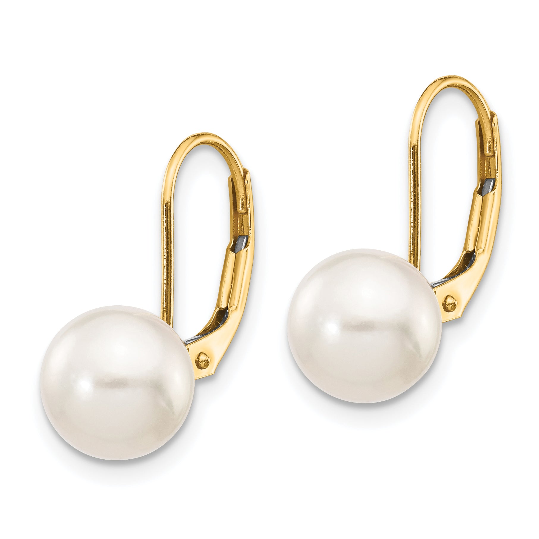14k 8-9mm White Round Saltwater Akoya Cultured Pearl Leverback Earrings Secondary image