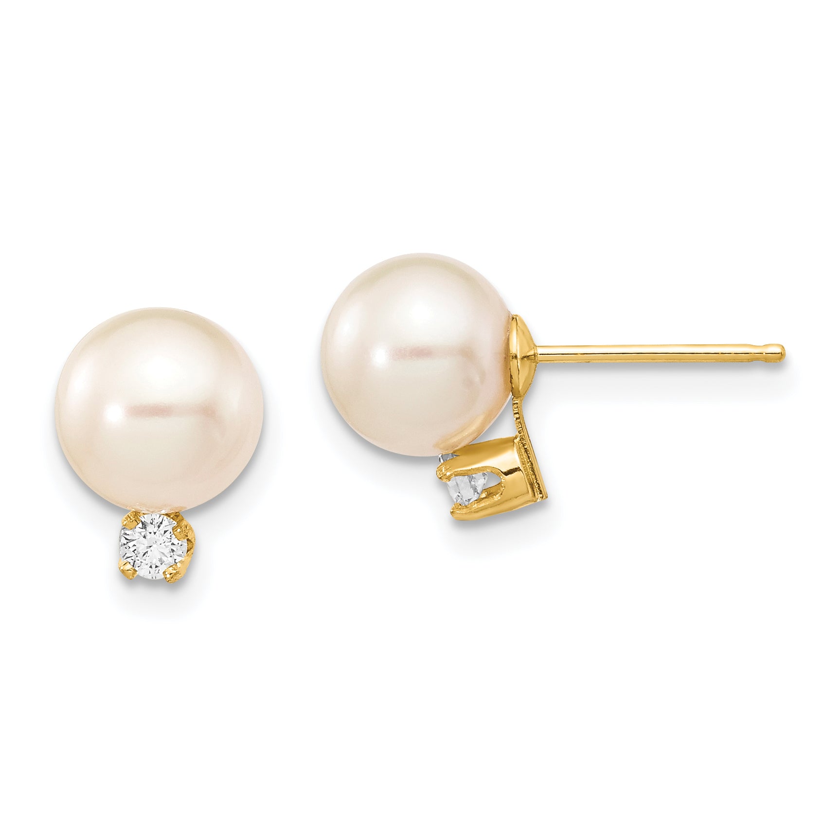 14k 7-8mm White Round Freshwater Cultured Pearl .10ct Diamond Post Earrings Main image