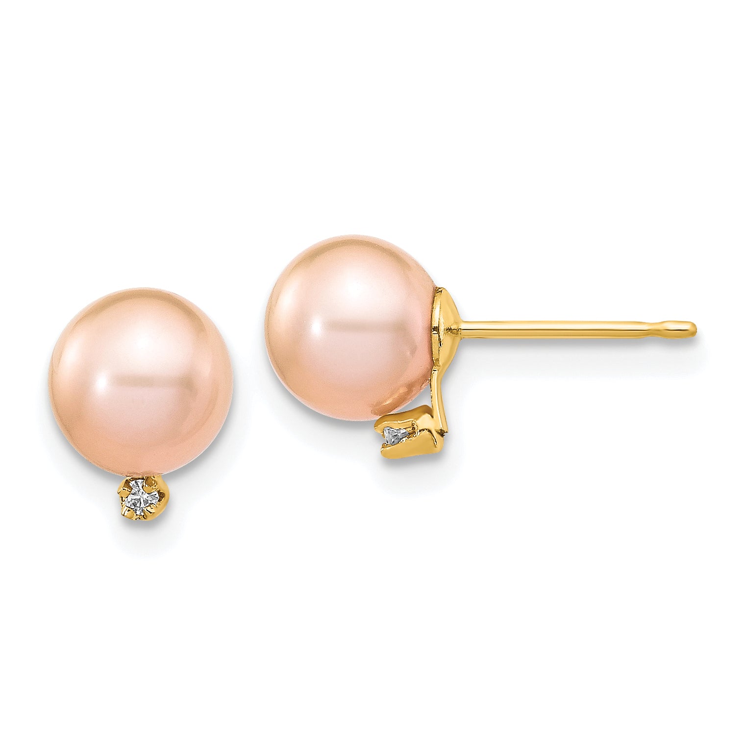 14k 5-6mm Pink Round Freshwater Cultured Pearl .02ct Diamond Post Earrings Main image