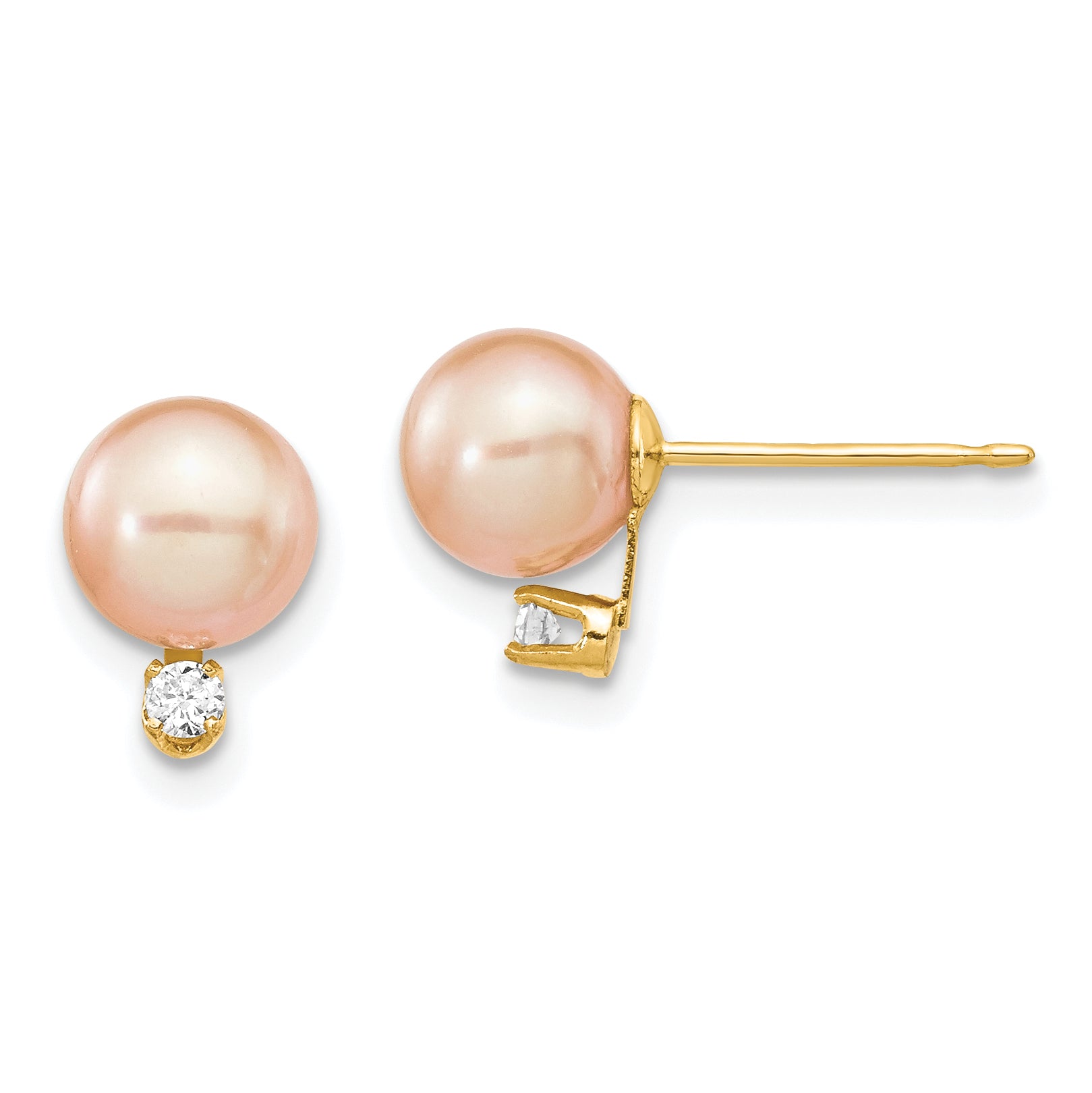 14k 6-7mm Pink Round Freshwater Cultured Pearl .06ct Diamond Post Earrings Main image