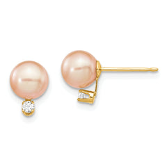 14k 6-7mm Pink Round Freshwater Cultured Pearl .06ct Diamond Post Earrings