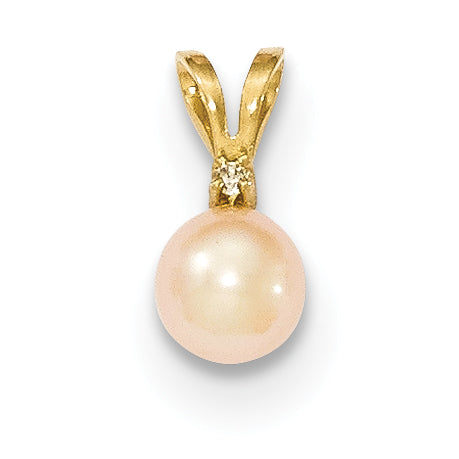 14K 5-6mm Round Pink Freshwater Cultured Pearl Diamond Pendant