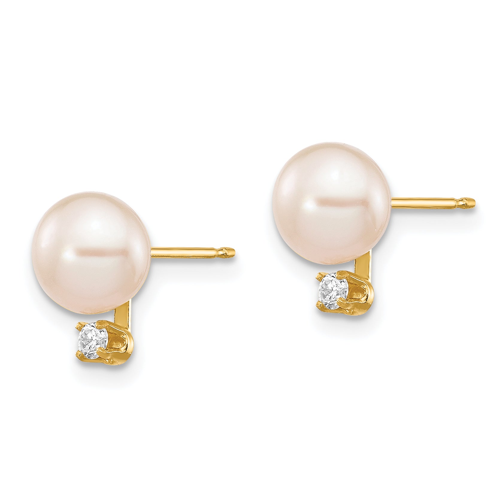 14k 6-7mm White Round Freshwater Cultured Pearl .06ct Diamond Post Earrings Secondary image