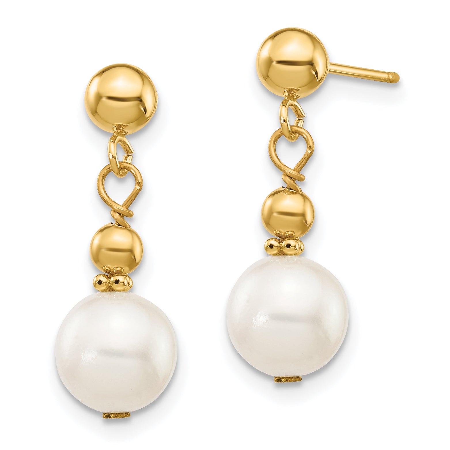 14K 7-8mm White Semi-round Freshwater Cultured Pearl Dangle Post Earrings Secondary image