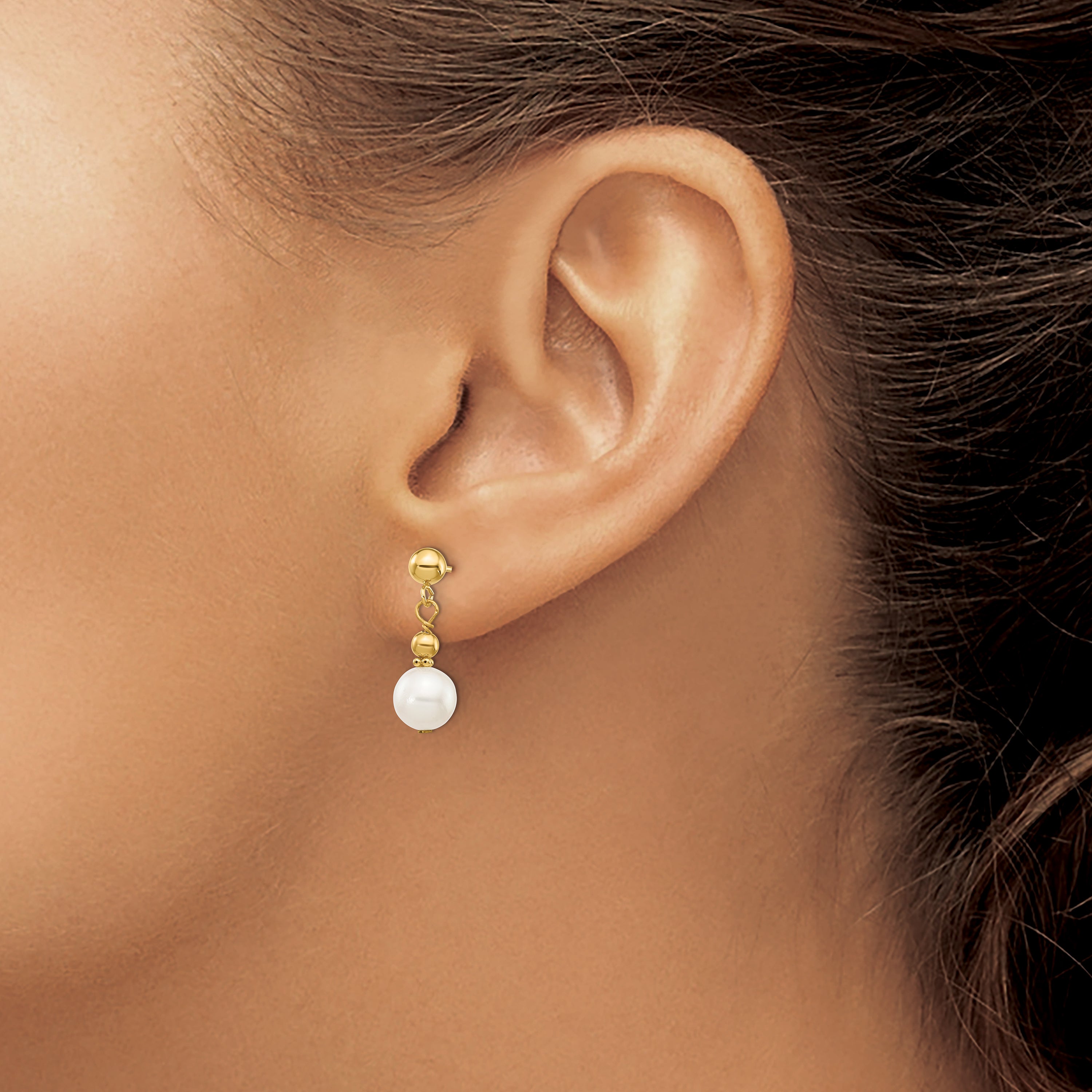 14K 7-8mm White Semi-round Freshwater Cultured Pearl Dangle Post Earrings