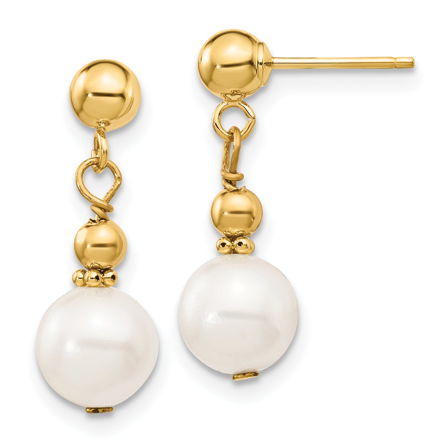 14K 7-8mm White Semi-round Freshwater Cultured Pearl Dangle Post Earrings Main image
