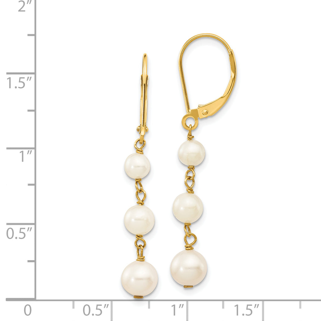 14k 4-6mm White Semi-round FW Cultured Pearl Gaduated Leverback Earrings
