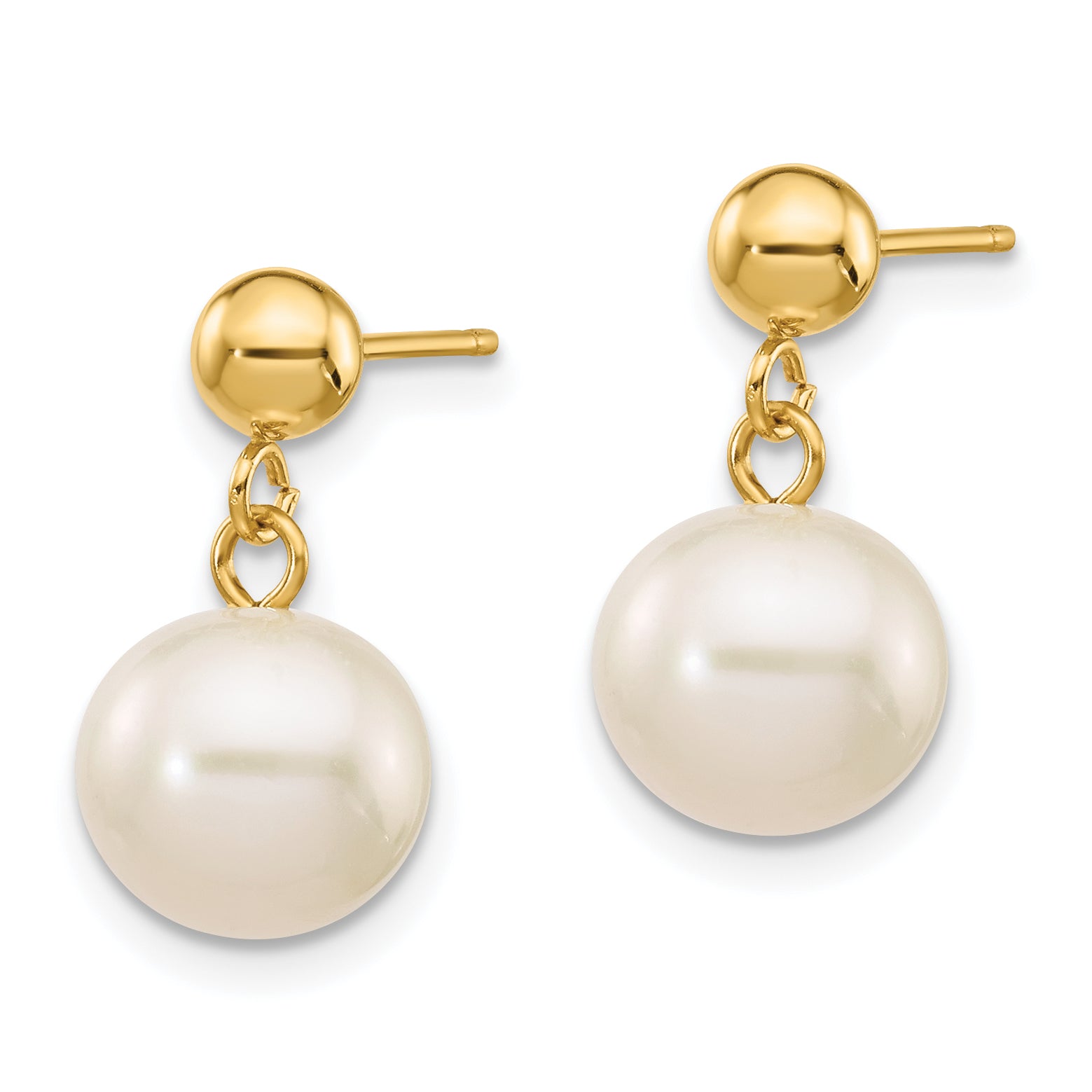 14k 8-8.5mm White Round Freshwater Cultured Pearl Dangle Post Earrings Secondary image