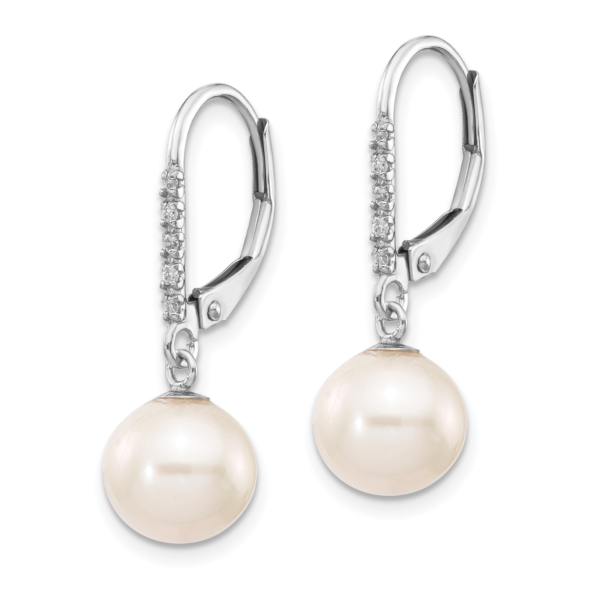 14k White Gold 8-9mm Round FWC Pearl .05ct Diamond Leverback Earrings Secondary image