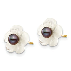 14k 3-4mm Black FW Cultured Pearl w/10 mm MOP Flower Post Earrings