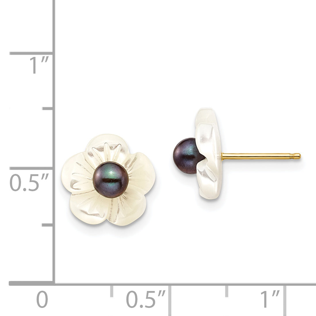 14k 3-4mm Black FW Cultured Pearl w/10 mm MOP Flower Post Earrings