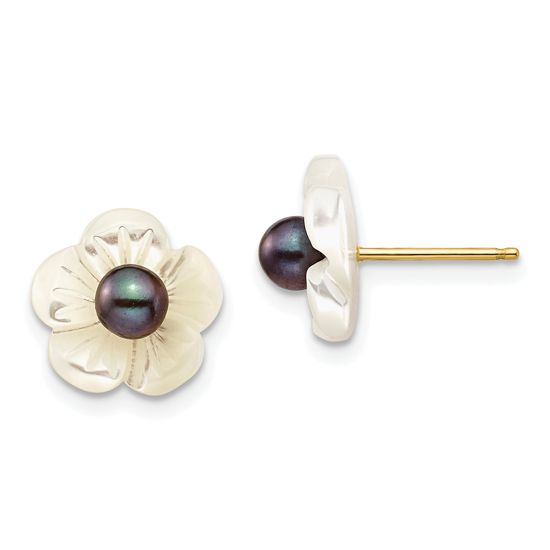 14k 3-4mm Black FW Cultured Pearl w/10 mm MOP Flower Post Earrings Main image