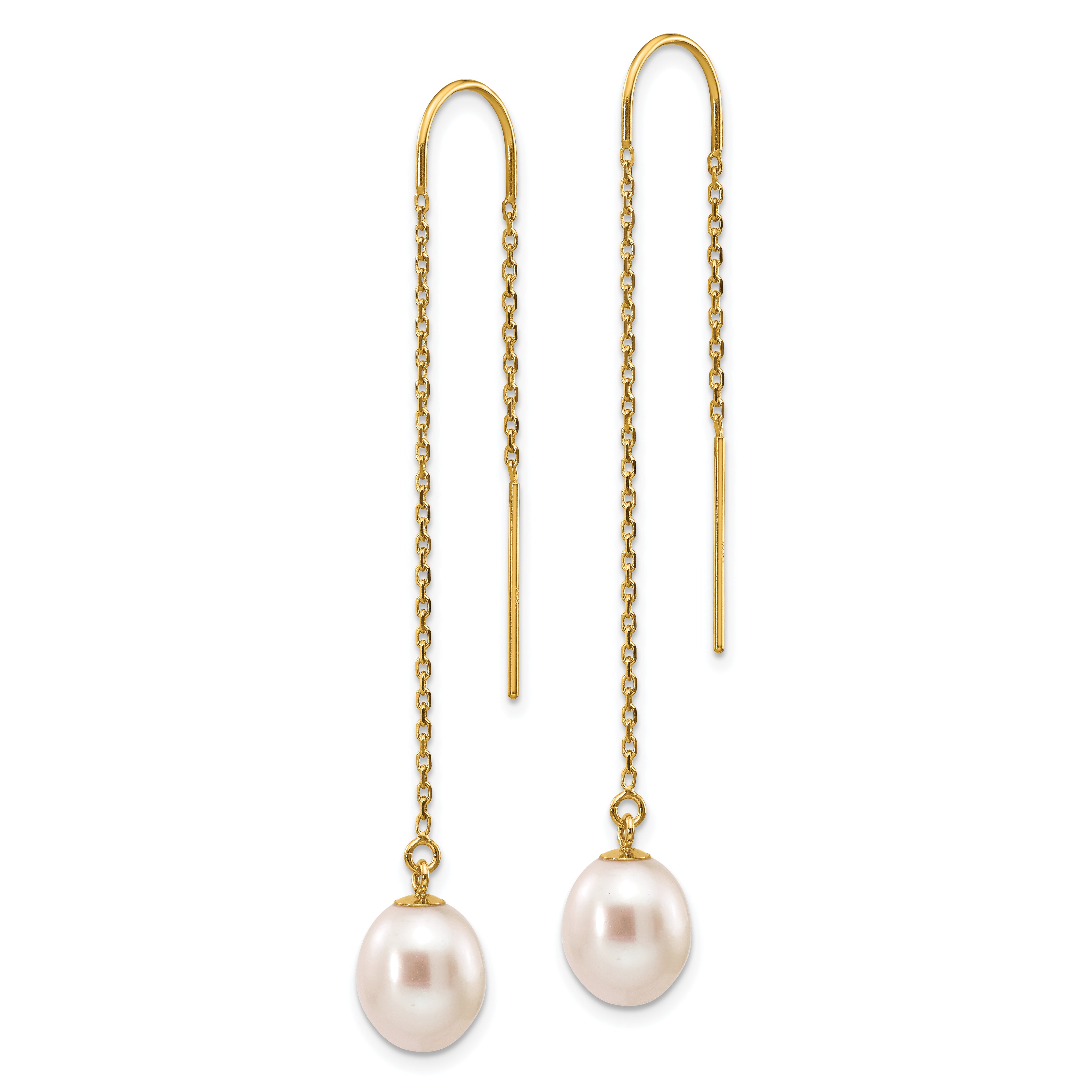 14k 7-8mm White Rice Freshwater Cultured Pearl Dangle Threader Earrings Secondary image