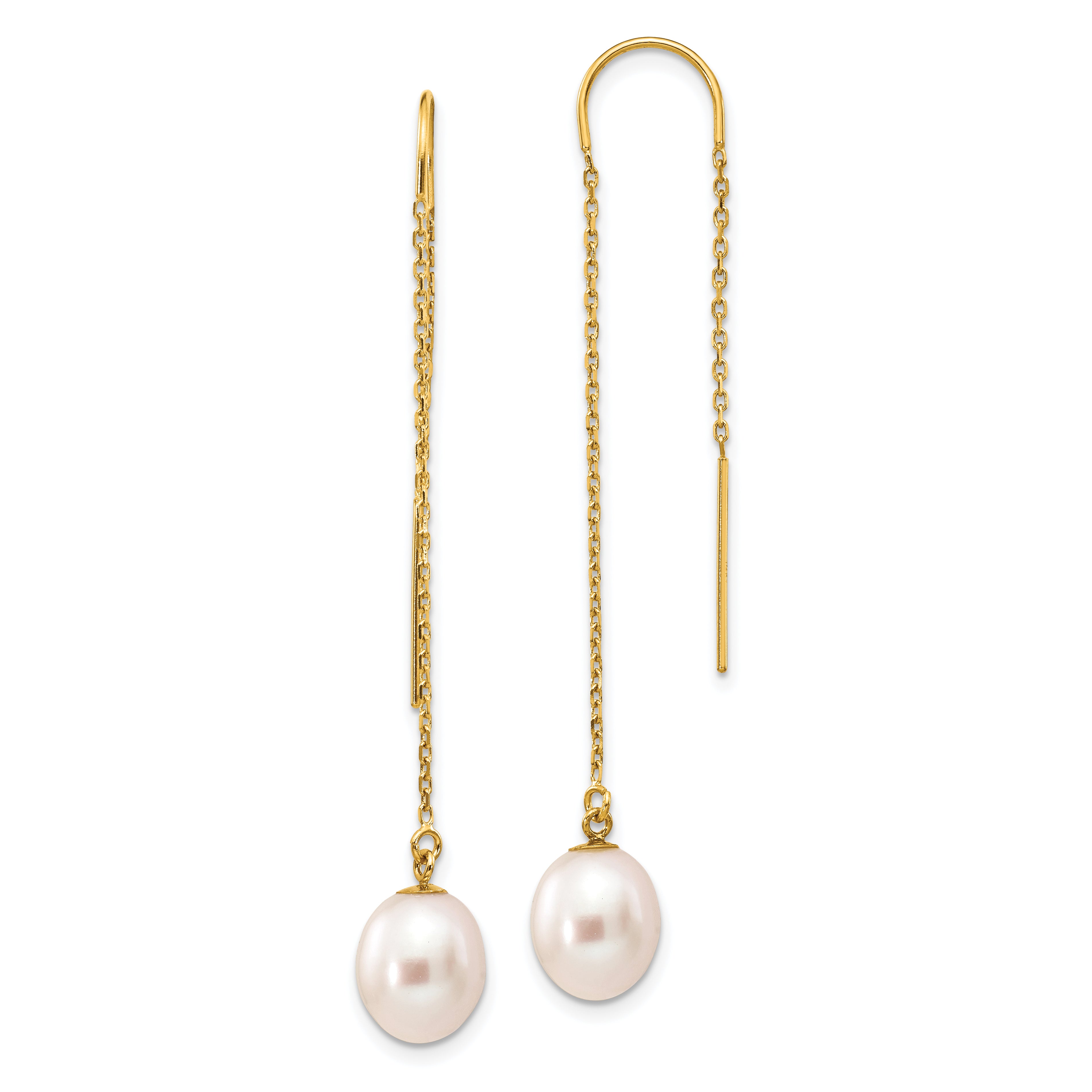 14k 7-8mm White Rice Freshwater Cultured Pearl Dangle Threader Earrings Main image