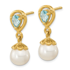 14K 6-7mm FWC Pearl Light Swiss Blue Topaz Dangle Post Earrings