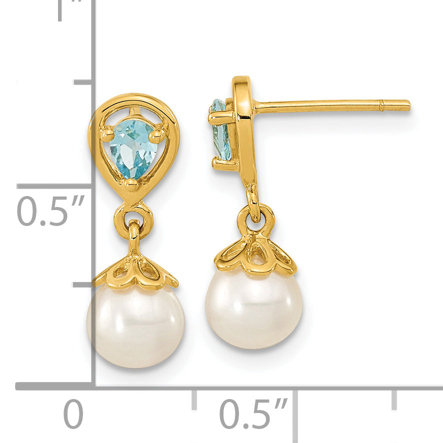 14K 6-7mm FWC Pearl Light Swiss Blue Topaz Dangle Post Earrings