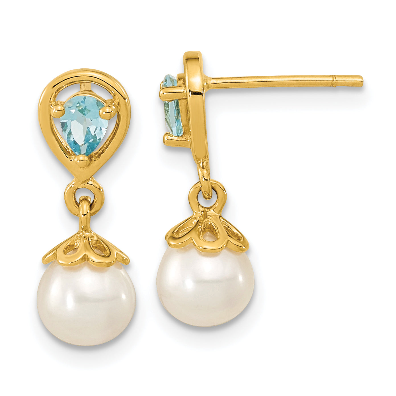 14K 6-7mm FWC Pearl Light Swiss Blue Topaz Dangle Post Earrings Main image