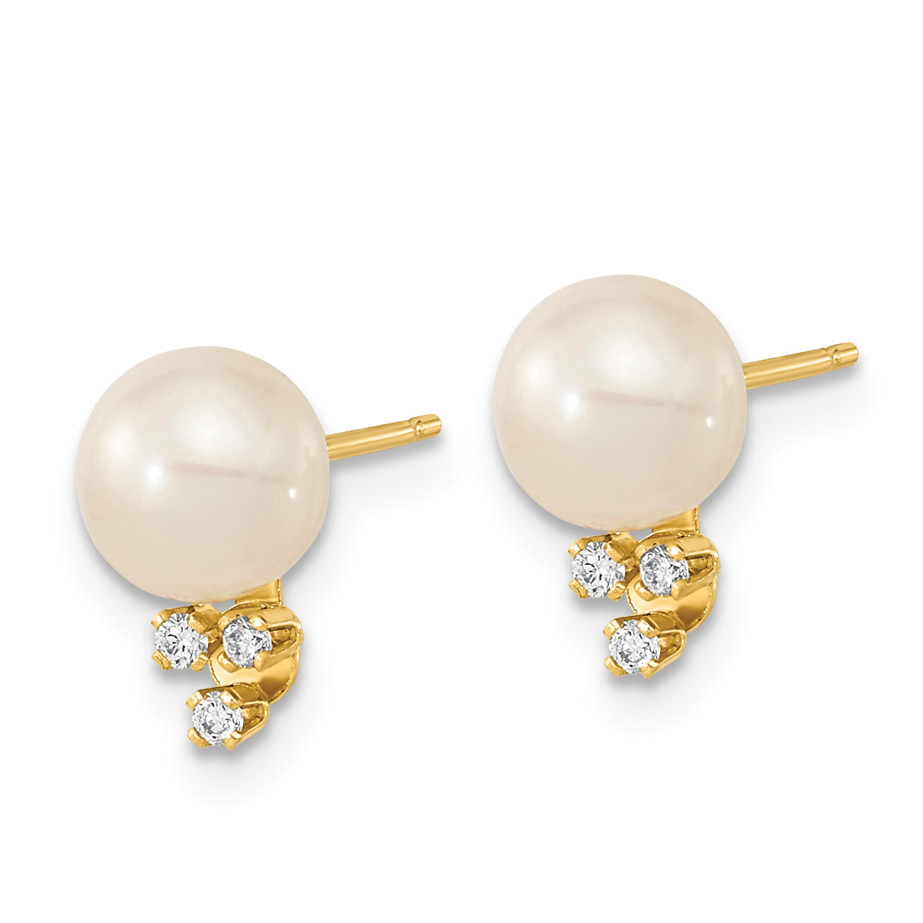14k 6-7mm White Round Freshwater Cultured Pearl .06ct Diamond Post Earrings Secondary image