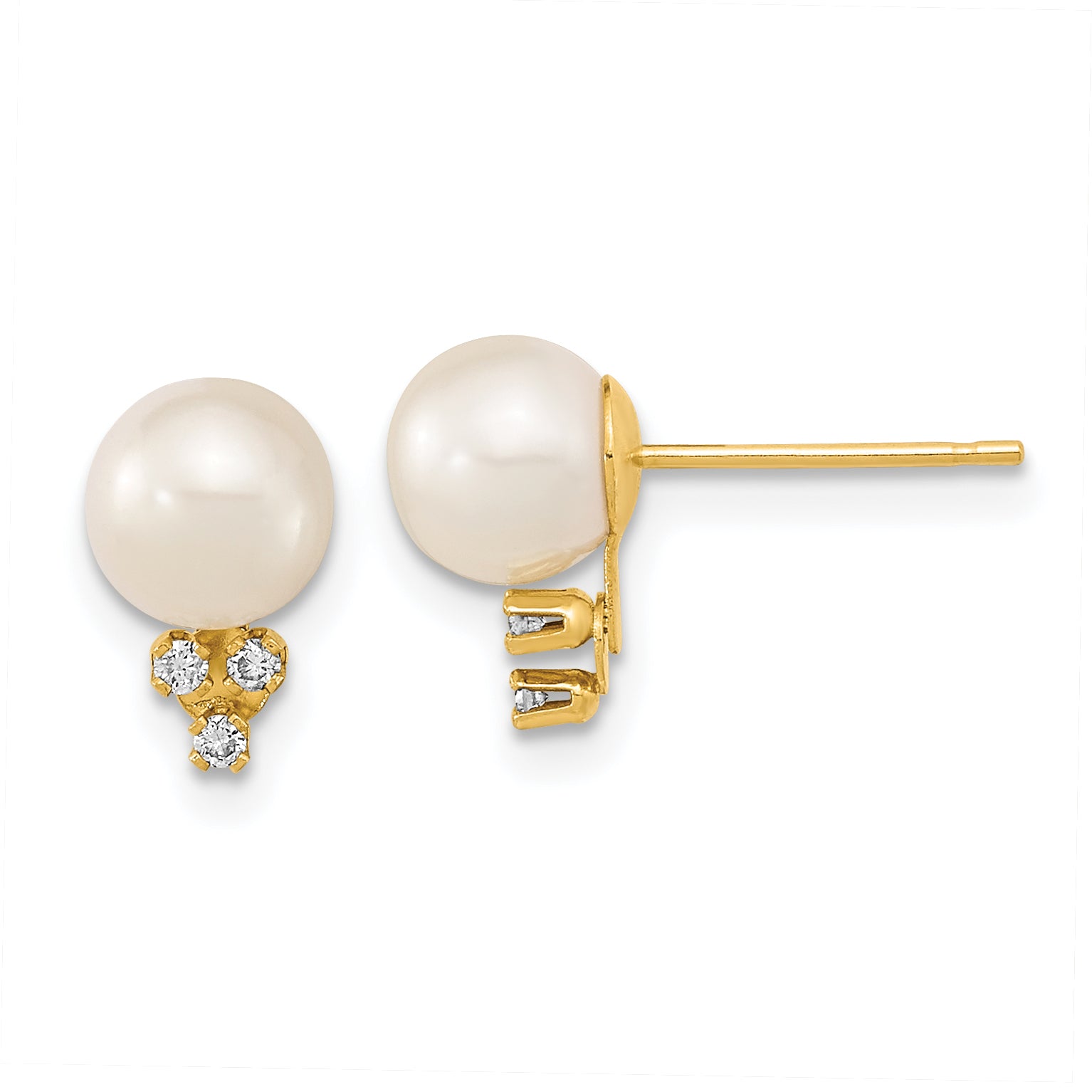 14k 6-7mm White Round Freshwater Cultured Pearl .06ct Diamond Post Earrings Main image