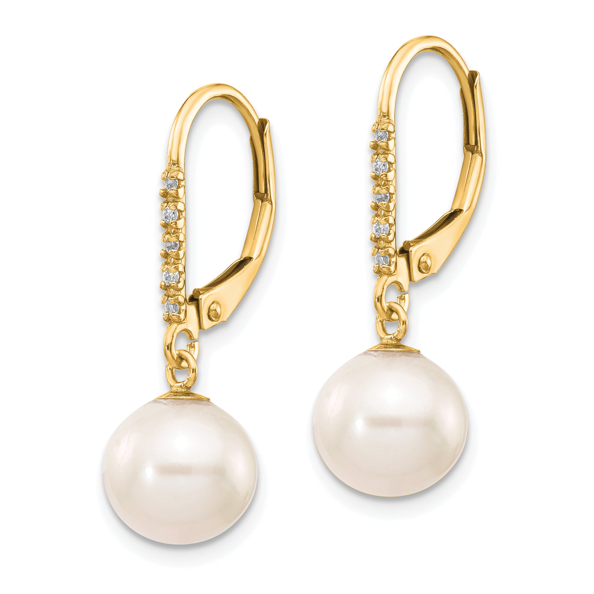 14k 8-9mm White Round FWC Pearl .05ct Diamond Leverback Earrings Secondary image