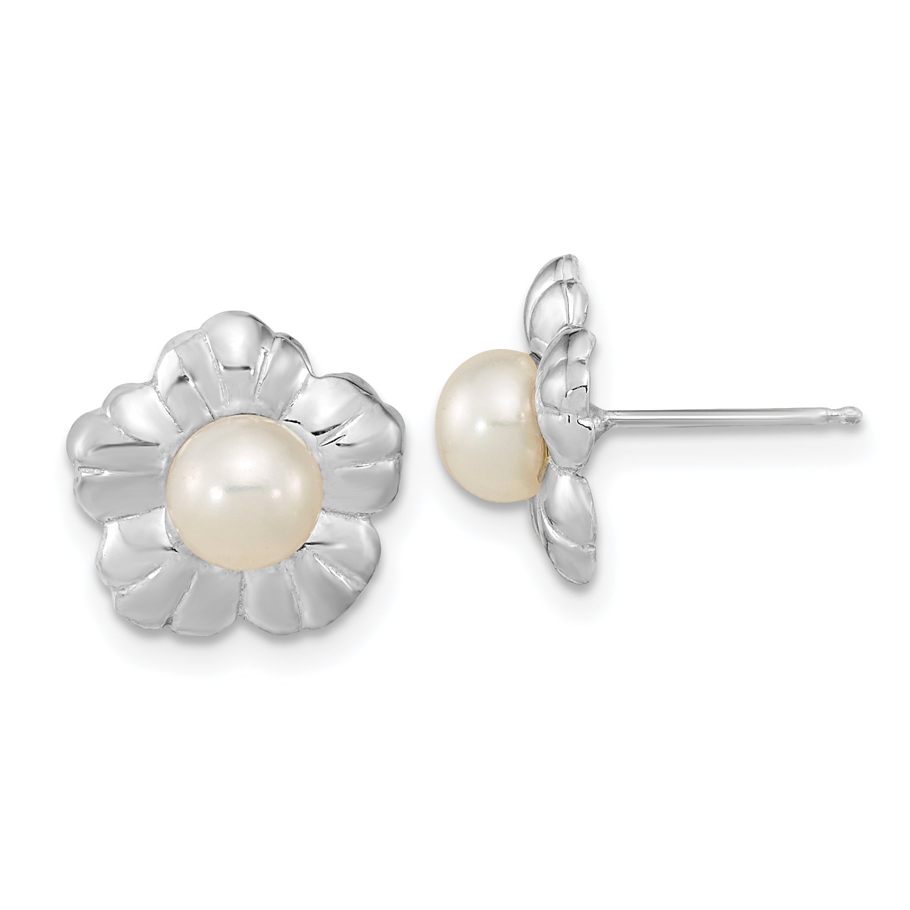 14k White Gold 5-6mm White Button FWC Pearl Flower Post Earrings Main image