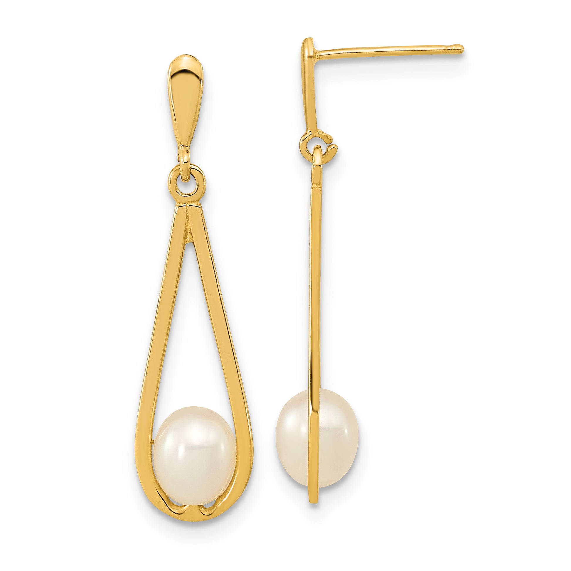 14k 5-6mm White Rice Freshwater Cultured Pearl Dangle Post Earrings Main image